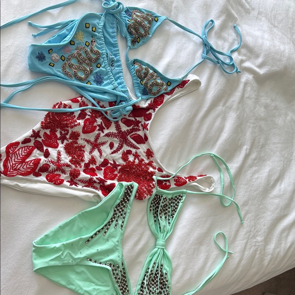 Embellished Oceanus Blue, Green and Red Bikini Set